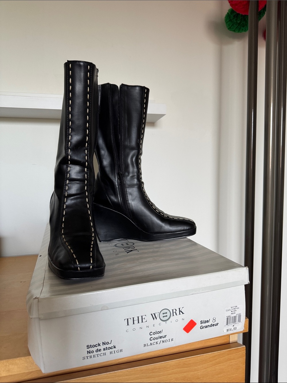 Black Mid-Calf Wedge Boots with Contrast Stitching
